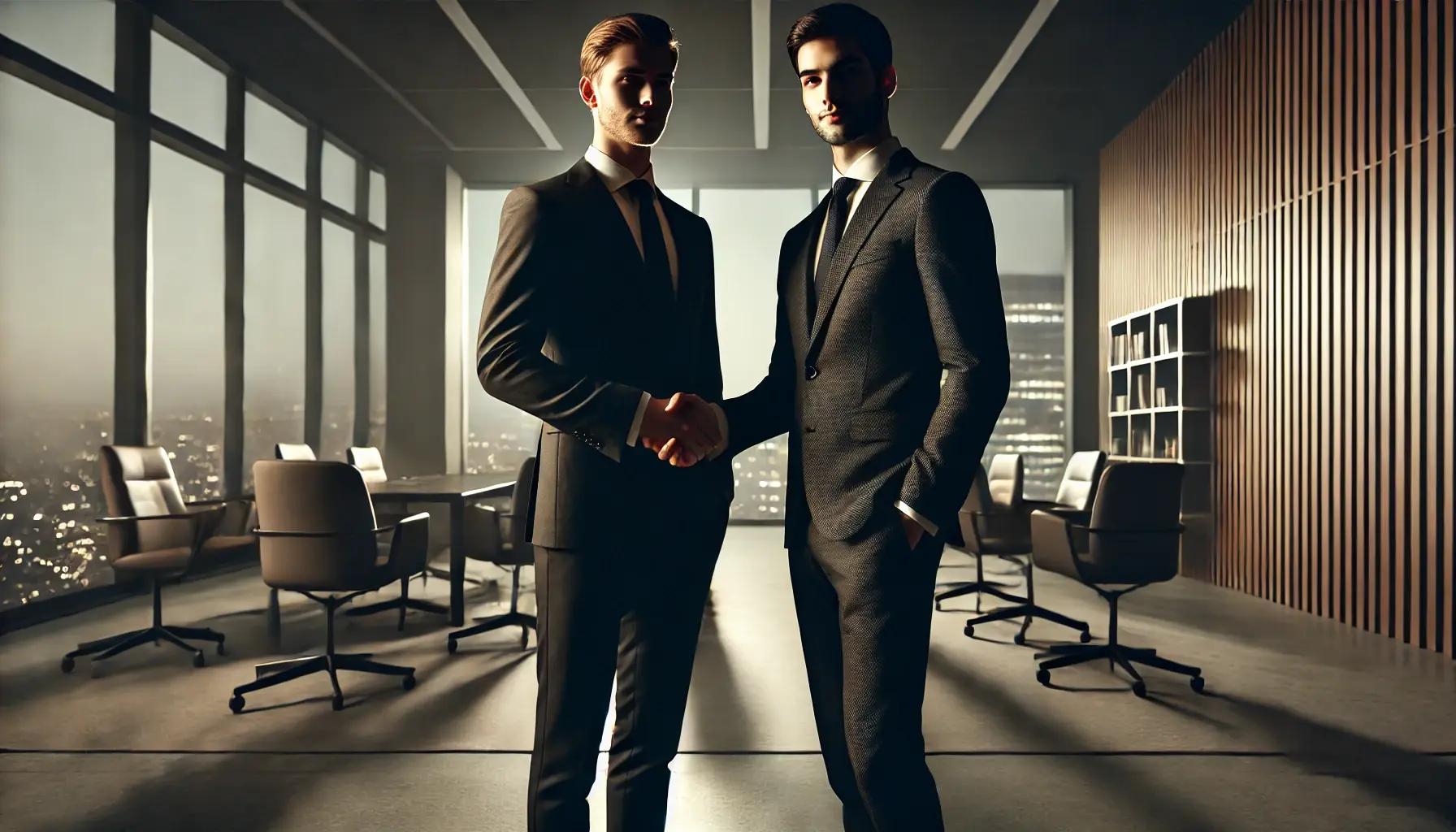 DALL·E 2024-11-04 18.05.55 - A professional business photo showing two people in formal business attire shaking hands in a dimly lit modern office setting. The lighting is soft an